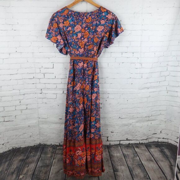 ORANGE PINK & BLUE FLORAL FLUTTER SLEEVE  V LIGHTWEIGHT NECK MAXI DRESS SIZE S - Picture 9 of 9